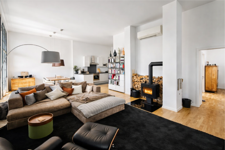 Wohnzimmer Kamin Loft-Studio-Atelier Berlin